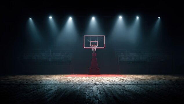 A basketball hoop is illuminated in an empty, darkened arena, spotlighted above a wooden court - Powered by Adobe