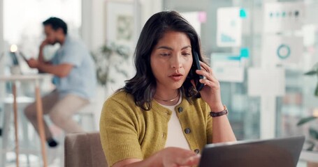 Laptop, phone call and business woman in office with engagement metrics, negotiation or creative. Computer, social media manager and mobile in startup for platform traffic, data or talk with contact - Powered by Adobe