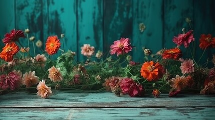 Vibrant Assortment of Red and Orange Zinnia Flowers Resting on Weathered Turquoise Wooden Surface Against a Teal Backdrop