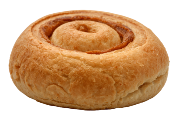 Golden brown cinnamon swirl pastry with textured surface isolated on a transparent background