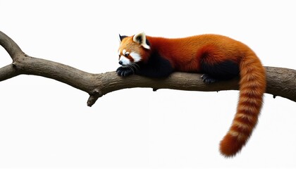 Red panda rests on a branch. Orange fluffy animal lies on tree against white. Rare mammal with a striped tail relaxes. Vulnerable species in zoo habitat. Conservation and wildlife concept.