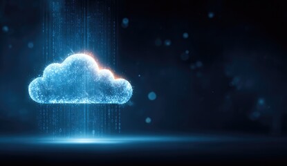 Abstract, glowing cloud icon illuminated with digital particles, set against a dark background