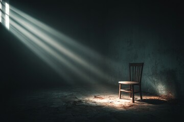 Old wooden chair standing in a desolate, abandoned room with strong light rays