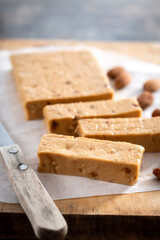 Christmas soft almond nougat bar on wooden table