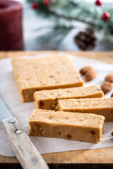 Christmas soft almond nougat bar on wooden table