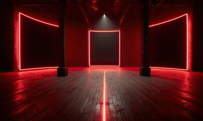 A dimly lit room with vibrant red neon-lighted squares on black walls. Wooden floor. Spot light
