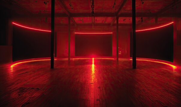 Empty gallery space bathed in red neon light, highlighting the architecture