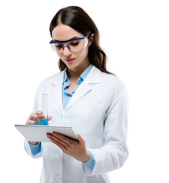 Focused scientist analyzing blue liquid in test tube while using tablet for research data