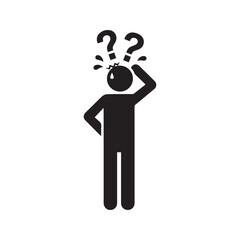 Obraz premium Confused Stick Figure Icon, Person Scratching Head with Question Marks Symbol of Doubt and Forgetfulness. 