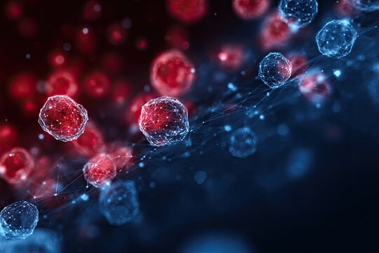 Digital image depicting abstract microscopic cellular structures in shades of red and blue connected by lines