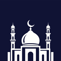Minimalist white silhouette of a mosque with a dome and two minarets, featuring a crescent moon and star, on a dark blue background.
