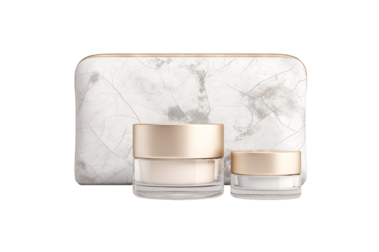 Elegant cosmetic jars with gold lids and marbled pouch offer luxurious skincare presentation.
