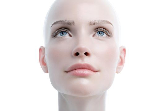 Captivating close-up of a serene, bald female face with striking blue eyes looking upwards