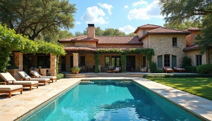Fototapeta premium Stone mansion with swimming pool and lounge chairs under trees. Luxurious home has patio, garden, and terracotta roof tiles. Perfect for vacations.