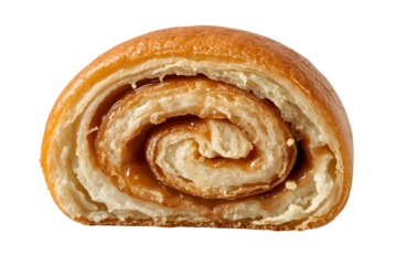 Golden brown pastry swirl with caramel filling isolated on a transparent background 1