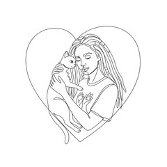 Minimalist Line Art Woman with Dreadlocks Embracing Her Cat in a Heart, Pet Love  Companionship Illustration