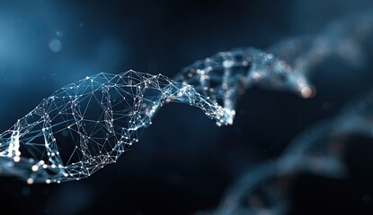 Close-up of a digital, geometric representation of a DNA helix, glowing against a blue background