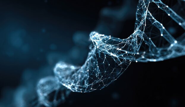 Digital abstract illustration of a DNA double helix, showcasing interconnected nodes and a futuristic look