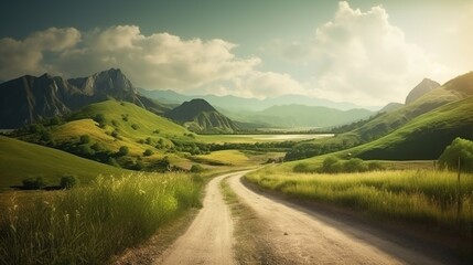 Winding Dirt Road Through Lush Green Rolling Hills Under a Bright and Cloudy Sky