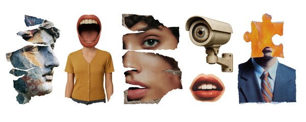 Collection of surreal PNG elements including torn classical statue face, woman with giant mouth, fragmented female portrait, CCTV camera with eye and man with puzzle head on transparent background