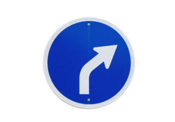 Blue and white turn right road sign isolated, mandatory direction sign for traffic safety and regulatory compliance on roads and highways