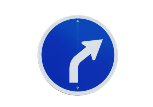 Blue and white turn right road sign isolated, mandatory direction sign for traffic safety and regulatory compliance on roads and highways