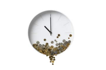Time is money concept with coins spilling from a modern clock face