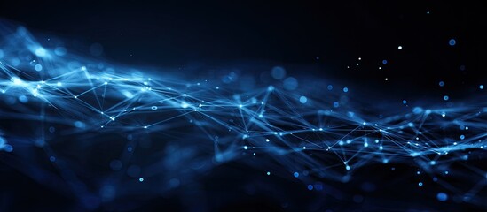 Abstract digital network with interconnected nodes and glowing lines, set against a dark blue background