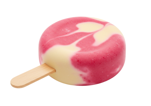 Round pink and white ice cream popsicle isolated, frozen dessert on a stick for summer treat and refreshment PNG