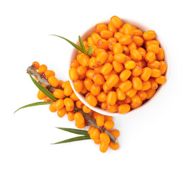 Fresh sea buckthorn berries with green leaves isolated on white