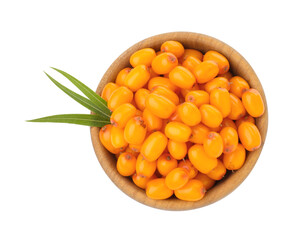 Fresh sea buckthorn berries with green leaves in bowl isolated on white, top view