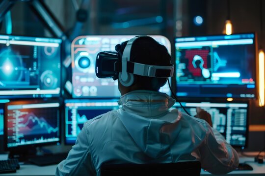 Software developer wearing virtual reality headset working on computer in digital data center