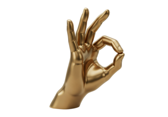 Golden hand sculpture making OK gesture isolated on transparent background, symbol of approval and agreement in metallic gold finish PNG