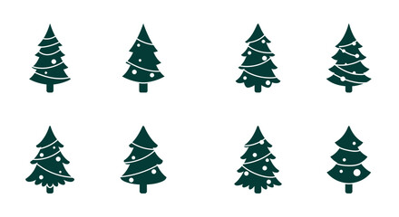 Obraz premium Collection of eight decorated christmas trees featuring greenery and festive lights for seasonal holiday celebrations vector flat design vector illustration white background