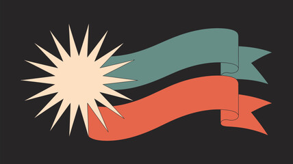 Illustration of a sunburst with two ribbons in teal and orange against a dark gray background