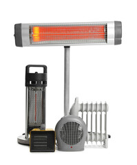 Different modern electric heaters isolated on white