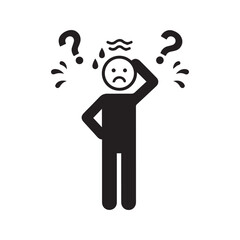Confused Stick Figure Icon, Person Scratching Head with Question Marks Symbol of Doubt and Forgetfulness.

