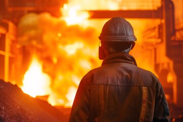 Obraz premium Steelworker supervising molten metal in furnace at steel mill