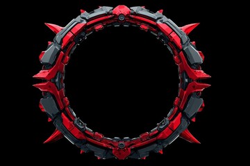 Futuristic red mechanical dragon ring frame on black background.