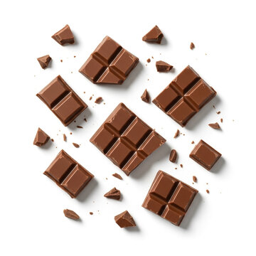 Delicious milk chocolate bars and chunks scattered on white background
