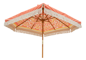 Peach and orange fringed patio umbrella isolated on transparent background, outdoor sunshade for summer garden party PNG