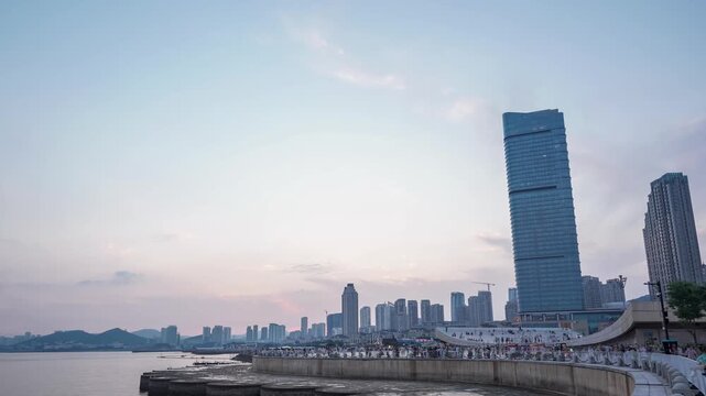 Dalian Xinghai Square Sunset Timelapse - Modern City Skyline and Waterfront Landmarks China