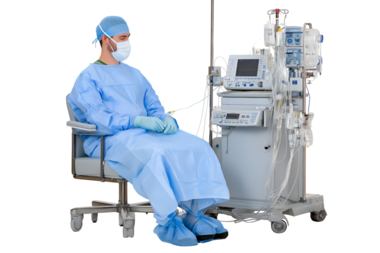 Professional surgeon in scrubs and mask sits beside advanced medical equipment in sterile environment