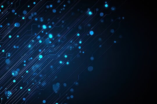 Abstract digital design with glowing blue dots and circuit lines on a dark background - Powered by Adobe