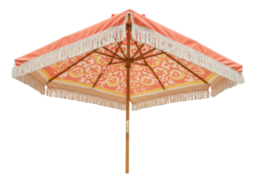 Peach and orange fringed patio umbrella isolated on transparent background, outdoor sunshade for summer garden party PNG