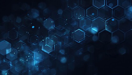 A dark blue background features a digital hexagonal network with blurred bokeh effects and glowing edges