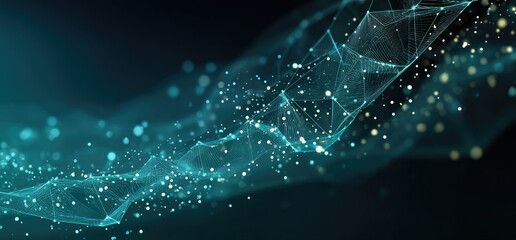 Abstract digital network of connecting points, floating shapes on a gradient dark teal background