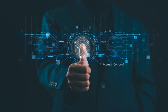 Biometric cyber security system and access control concept. Businesswoman access security personal financial data on scan fingerprint identification, Cybersecurity and privacy to protect data.