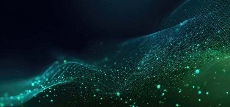 Abstract wave-like structure with a dark background and sparkling teal-green particles