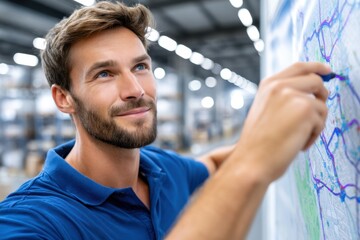 Man analyzing a map in a warehouse setting while planning logistics operations